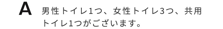男性トイレ１つ、女性トイレ３つ、共用トイレ１つがございます。